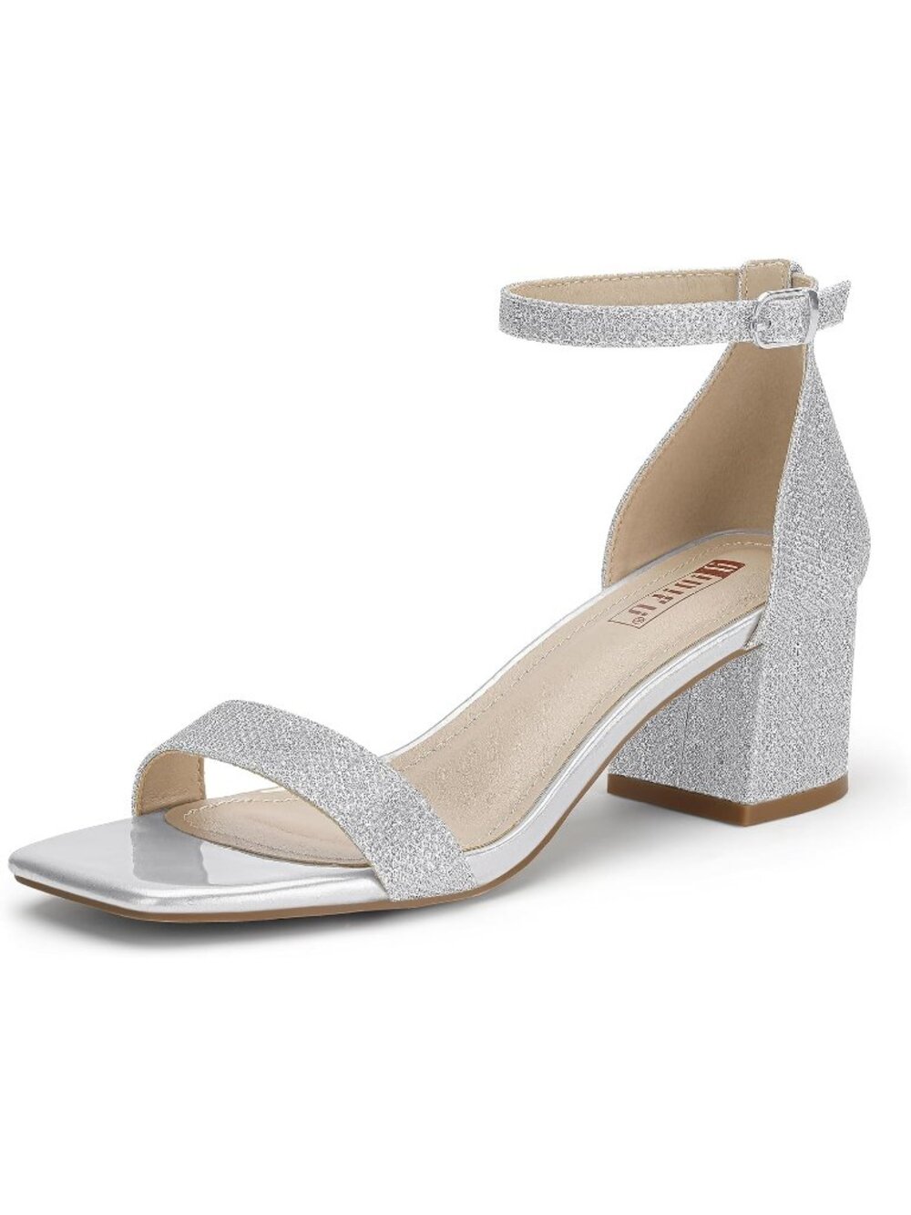 Women's Silver Glitter Chunky Block Low Heel Sandals Square Open Toe Ankle Strap
